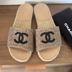 Chanel Women's CC Espadrille Slide Sandals Tweed